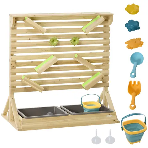 Outsunny water wall for kids outdoor Water and Sand play table with 18 Accessories, Wooden Outdoor Toys for Ages 3-7 Years