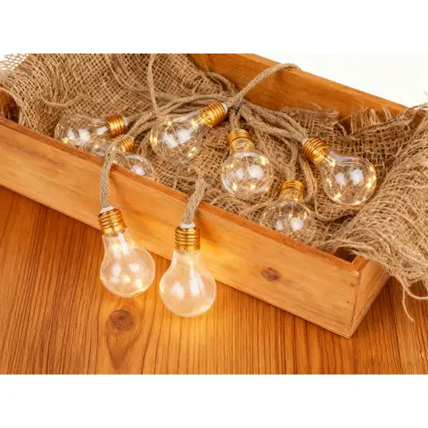 SALE Outdoor Hemp Rope LED String Lights with Clear Plastic Bulbs10×5L Warm White LEDs, 10 Bulbs (6×9cm/bulb), 30cm Spacing, 50cm Hemp Cord, Gold Metal Base With 3AA Battery Box (Outdoor/Timer Function), Battery Not Included