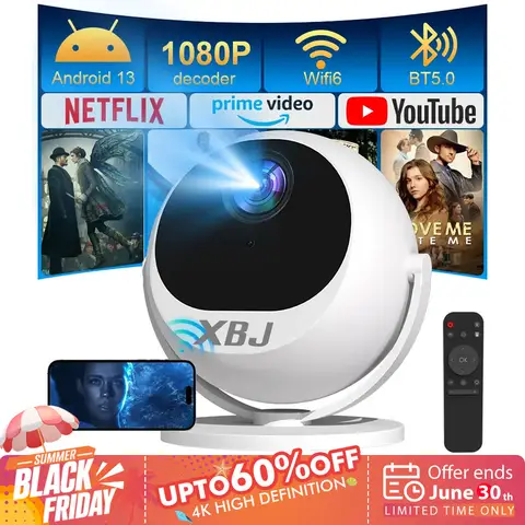 XBJ 360° Portable Projector & Smart Projector, Full HD 1080P, 360° Rotation for Ceiling/Wall/Table Projection, Outdoor Projector with 500 Lumens, 120" Display, Auto Keystone& 6D Keystone Home Theater Projector, Wi-Fi/BT/HDMI, Compatible with Phone/PC/PS5, European Version，120" Large Projection