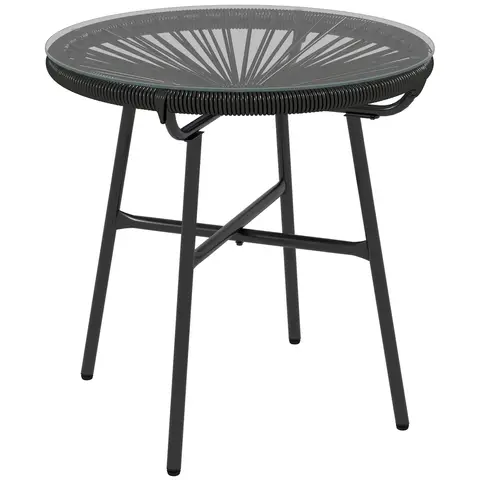 Outsunny Rattan Side Table, Round Outdoor Coffee Table, with Round PE Rattan and Tempered Glass Tabletop for Patio, Garden, B