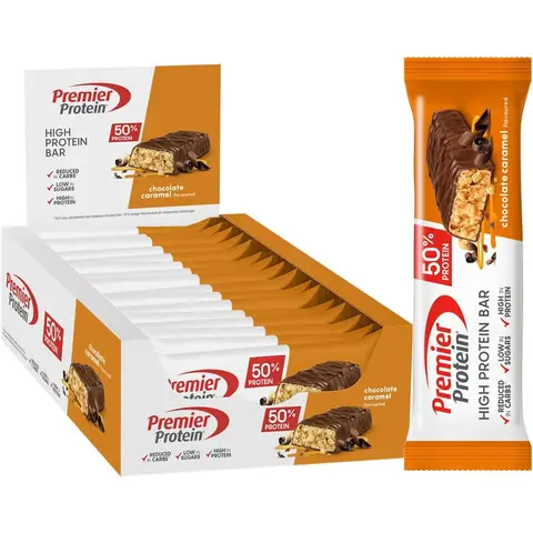 Premier Protein - Eiweißriegel 50% - Schokolade Karamell - Wenig Zucker - Wenig Kohlenhydrate - palmölfrei - 16x40g