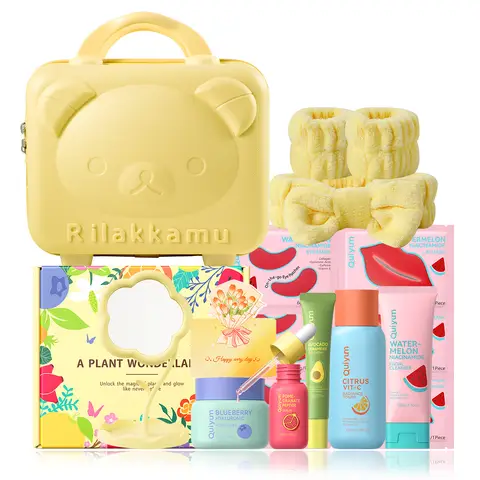 QUIYUM Fruit Skincare Set (14pcs): Includes Cleanser 100g, Toner 160ml, Eye Cream 20g, Serum 30ml, Cream 50g, Eye Masks 6g×3, Lip Masks 6g×3, plus a Headband, Makeup Mirror, and a 14-inch Cartoon Yellow Travel Case.