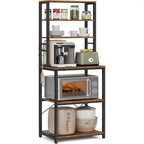 VASAGLE KKS024B01 Kitchen Shelf Microwave Shelf Standing 6 Shelves 6 Hooks Steel Frame Industrial Design 40 x 60 x 167 cm Vintage Brown Ink Black
