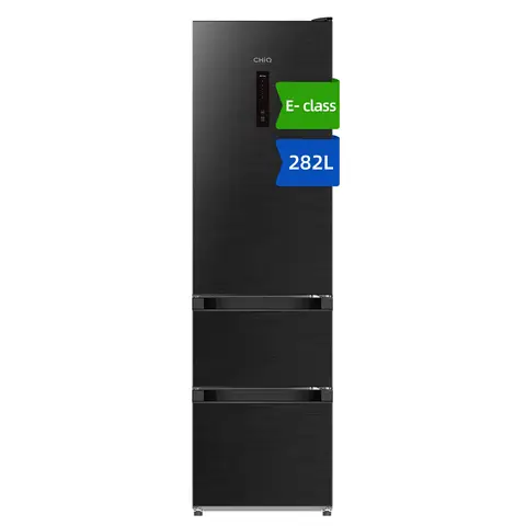 CHiQ JKR282WGE 282L 54cm Wide Black Steel No Frost 3-Door Fridge Freezer with Freezer Drawers, E Rated
