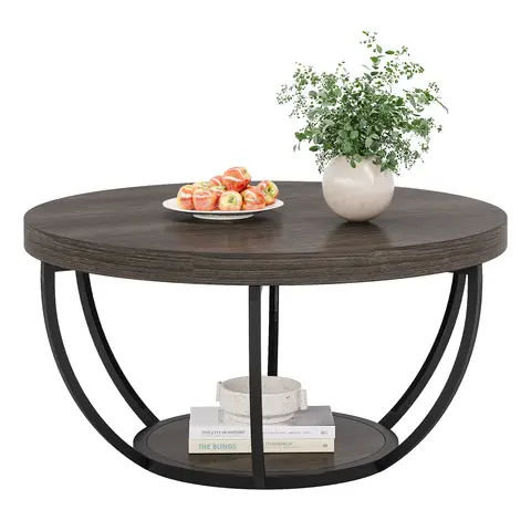 Tribesigns Round Coffee Table, 80cm Wooden 2-Tier Circle Coffee Table with Storage Shelves, Modern Accent Cocktail Table Center Table for Living Room, Grey