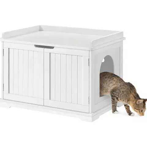 Yaheetech Katzenklo-Schrank, Holz-Katzenhaus für große Katzen, 75,5 x 51 x 52,5 cm, Katzenhöhle mit magnetischen Türen, getrennte Abteilung, Katzenklo-Schrank, Weiß