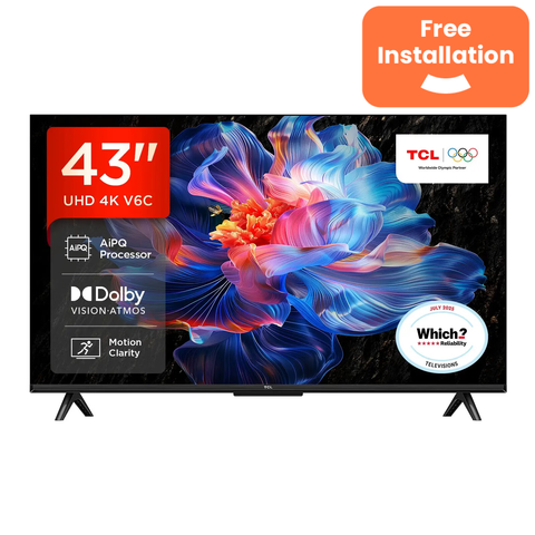 TCL 65V6C 65” Direct LED TV, 4K HDR TV, Smart TV Powered by Google TV (Dolby Vision & Atmos, Motion clarity, compatible with Google Assistant & Alexa)