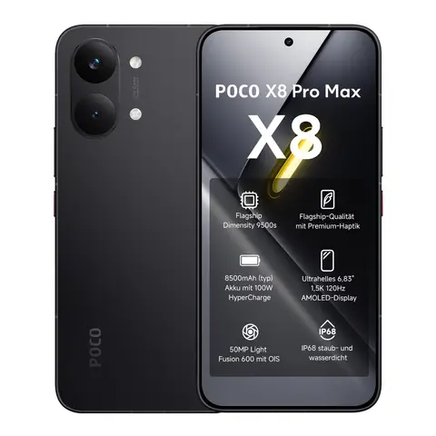 POCO X8 Pro Max Schwarz 12 GB RAM 256 GB ROM, Dimensity 9500 Prozessor, Akku mit 8500 mAh, ultrahelles AMOLED-Display, 50 MP Lichtfusion 600 Hauptkamera mit OIS