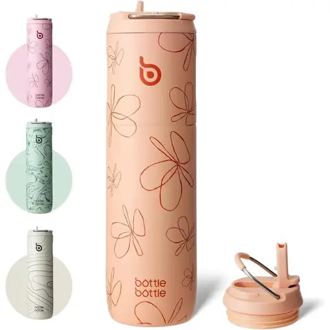 Bottle Bottle Gourde de sport en acier inoxydable avec bouchon 2-en-1 à paille, pêche avec motif floral, 700 ml
