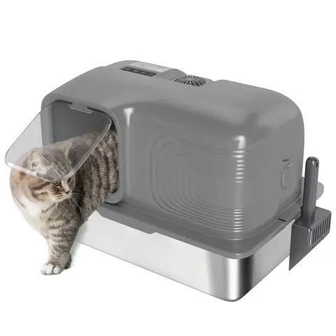 PawHut Stainless Steel Litter Tray with Plasma Deodoriser System, 65L Extra Large Enclosed Litter Box with Lid High, Sided Wall and Scoop for Larger Cats, Easy to Clean & Odour-Resistant, Grey
