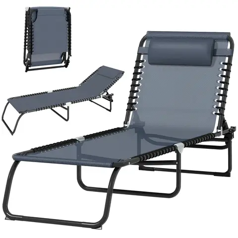 Outsunny Foldable Sun Lounger, Outdoor 4 Level Adjustable Backrest Reclining Chaise Chair, Steel Frame Recliner Chair for Cam