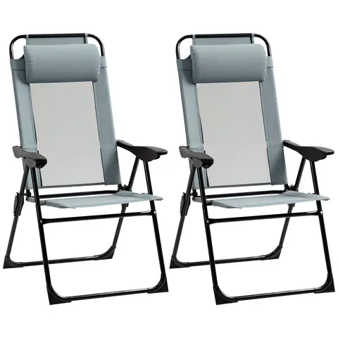Outsunny Folding Garden Chairs Set of 2, 5-Position Recliner Camping Chair with High Back, All Weather Texteline Seat, Portable Outdoor Dining Chairs with Headrests for Patio, Picnic, Grey