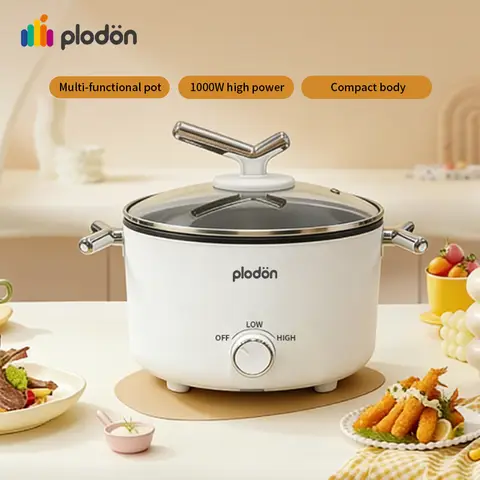 Plodon Electric Hot Pot 2.0L Portable Multifunctional Non-stick Cooking Pot, 1000W Rapid Noodles Electric Pot Wok Slow Cooker for Steak, Egg, Ramen, Oatmeal Soup with Dual Power Control
