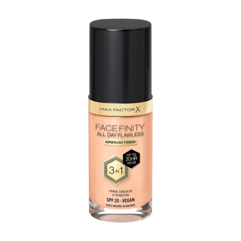 Max Factor Facefinity All Day Flawless 3 in 1 SPF 20 Vegan Foundation 30ml - 45 Warm Almond