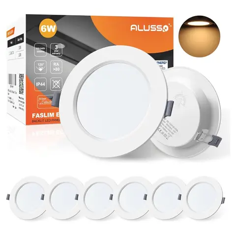 Alusso LED Einbauspot, ultraflach, 6 W, 230 V, IP44, warmweiß, 3000 K, Einbauleuchten, Einbauhöhe 25,5 mm, schlanker Decken-Einbauspot für Badezimmer, Wohnzimmer, Set mit 6 [Energieeffizienzklasse F]