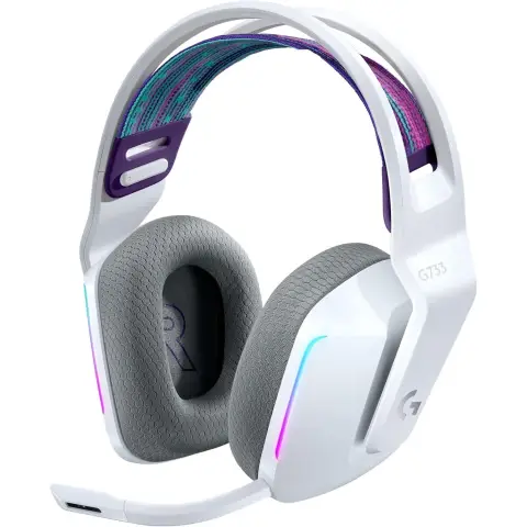 Logitech G733 LIGHTSPEED kabelloses Gaming-Headset mit Kopfbügel, LIGHTSYNC RGB, Blue VO!CE Mikrofontechnologie, PRO G Lautsprechern, Ultraleicht, 29-Stunden Akkulaufzeit, 20m Reichweite - Weiß