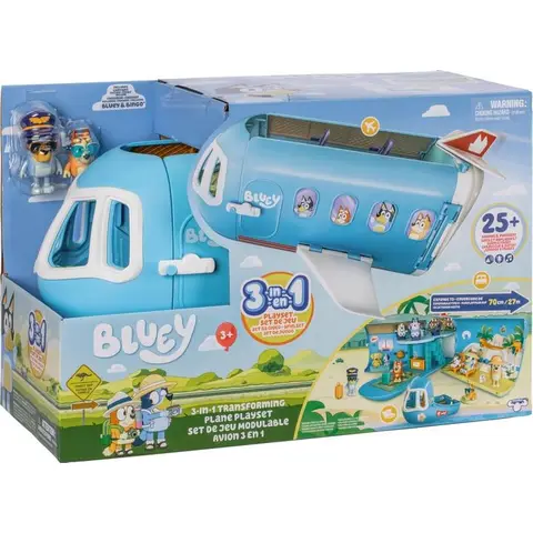 Blue Y 3-in-1 klappbares Flugzeug-Spielzeug-Set, verwandelt sich in Hotel, Strandclub und Boot, 70 cm, 25+ Soundeffekte, 15 Spielzeugzubehörteile, 2 exklusive Bingo-Figuren