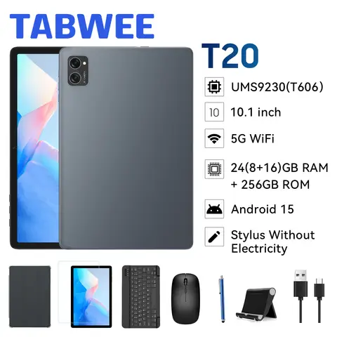 TABWEE T20 Tablet mit 10,1-Zoll-Incell-Display, 24 GB (8+16) RAM + 256 GB ROM/2 TB TF, Gemini AI, T606 Octa-Core-Prozessor + 8-MP-Kamera, 5000 mAh, Widevine L1, 2-in-1-Tablet mit Tastatur/Maus/Stift