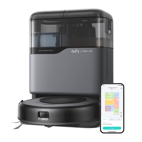 eufy RoboVac Omni C20 mit All-in-One-Station, automatisches Entleeren, automatisches Waschen und Trocknen, 7.000 Pa, 8,5 cm schlankes Design, Saugroboter mit Wischmopp, Kindersicherung.