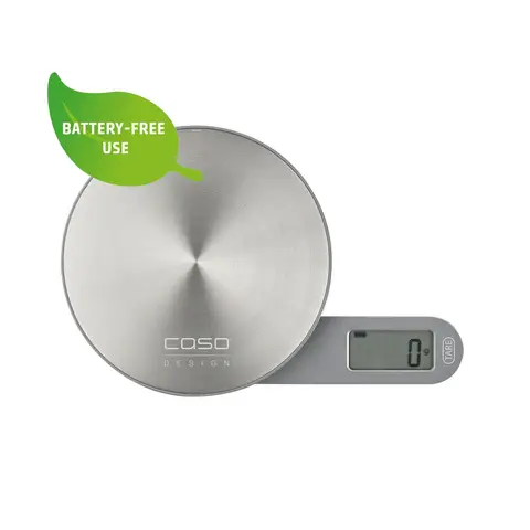 Caso Design EcoMate Battery Free Kitchen Scales – Silver， 5 kg Capacity， 1 g Increments， Kinetic Power， Magnetic Base， LCD Display， 03268