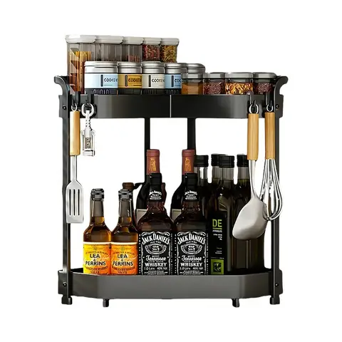 ochama×J.ZAO Corner Spice Rack - Kitchen Organizer with Hooks for Condiment Jars, Large Capacity Countertop Storage Basket, Corner Mounted Design