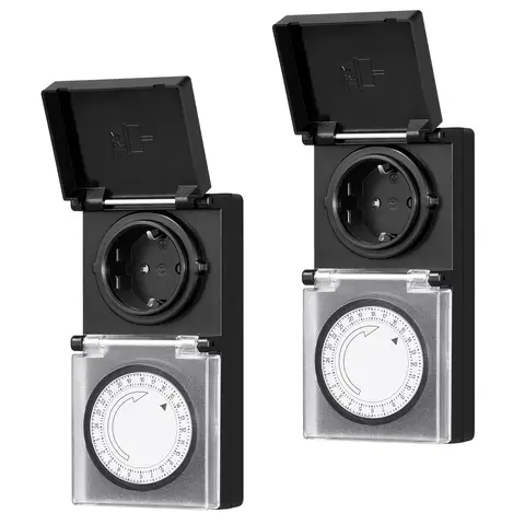 Dewenwils mechanische analogene tijdschakelaar voor buiten, IP44 waterdicht, 15 min. interval, met kinderbeveiliging en beschermkapje, 16 A/3680 W, set van 2
