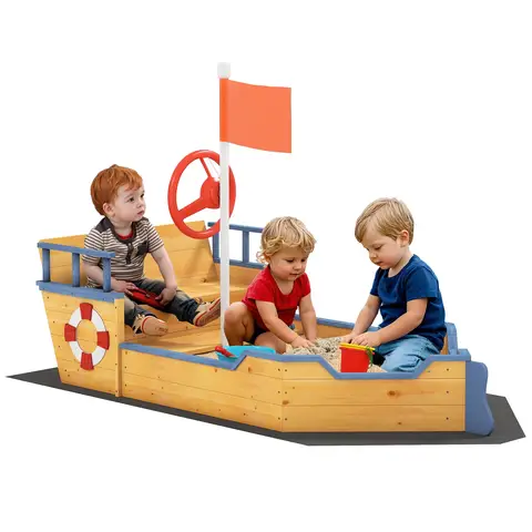 Outsunny Kids Sand Pit, Children Pirate Ship Sandbox with Bench, Bottom Liner, Seat, Natural Wood Tone
