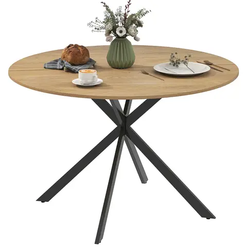 HOMCOM Table à manger ronde pour 4 personnes table de cuisine 120 cm style industriel avec plateau aspect bois et piètement croisé en acier, chêne