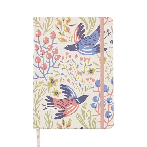 Jubiluu Divers A5 Hardcover-Notizbuch aus Stoff mit Floralmotiv, innen ausgestrichen – 96 Blatt (100 g/m² Offsetting-Papier), Lesezeichen & Gummiband – Klassische Creme, gezeichnet – für Schreiben, Schule, Büro und Geschenke – Frühlingsvögel