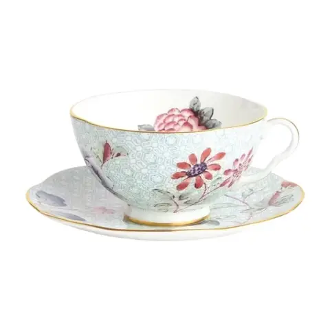 WEDGWOOD Cuckoo (Harlequin Kollektion) Fein Bone China Teetasse & Untertasse Set mit 22K Goldrand - Grünes Blumenmuster