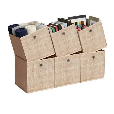 SONGMICSHOME  Cube Organisers, Foldable Fabric Storage Boxes with Handles, Set of 6, for Shelves, Clothes, Beige