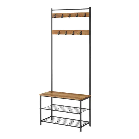 JOYFURNOS Coat Rack, Hall Tree with Shoe Storage Bench, 32 x 70 x 177 cm, Industrial, Rustic Walnut and Black