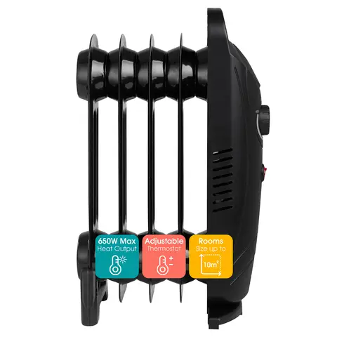 abode 5‑Fin Oil‑Filled Radiator 650W - Black， AOFR5001B