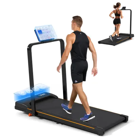 Folding Treadmill with Handrail & Adjustable Incline, 1-10 km/h Running Machine, Space Saving Low Noise Design, LED Display, 