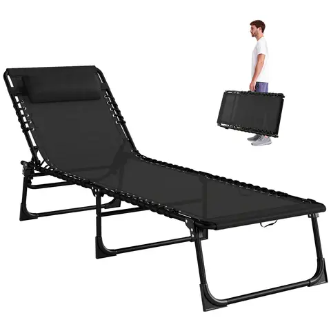 Outsunny Foldable Sun Lounger, Outdoor 4 Level Adjustable Backrest Reclining Chaise Chair, Steel Frame Recliner Chair for Cam