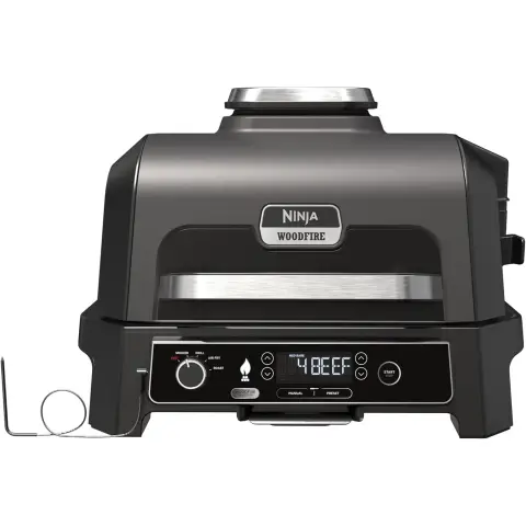 Ninja Woodfire Pro XL Elektrogrill, großer 4-in-1-Außengrill mit Smoker & Heißluftfritteuse, Smart Cook-System & integriertem Thermometer, Holzfeuer-Pellets, wetterfest, tragbar, Grau/Schwarz