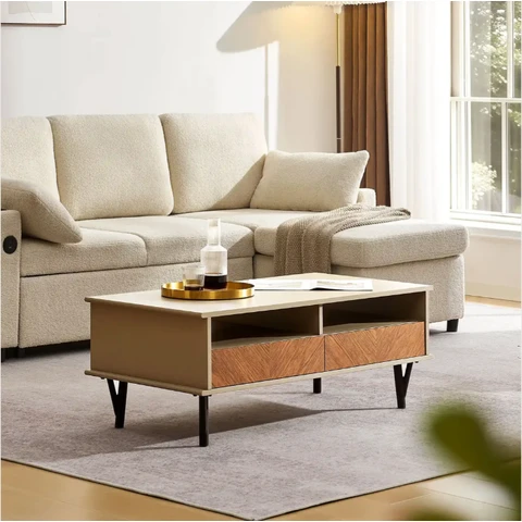 CLIPOP Coffee Table with 2 Drawers and Open Storage, Nature-Inspired Design Walnut & Sand Beige