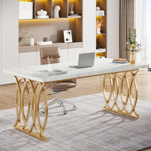 Tribesigns Executive-Schreibtisch, 160 cm breit, moderner Computer-Schreibtisch, Konferenztisch, Konferenztisch, Bürofurnitur für Homeoffice, Weiß und Gold