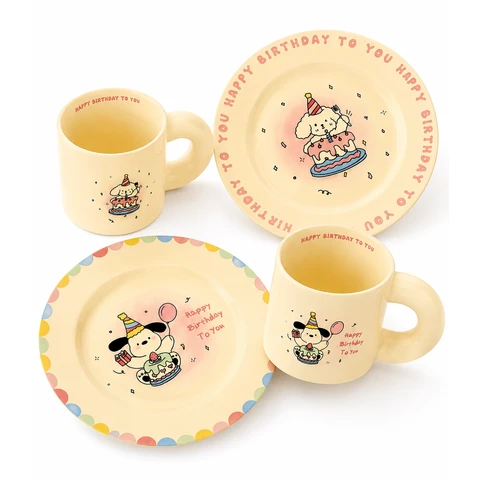 Cute cartoon puppy birthday ceramic plate and mug set, suitable for gifting Strawberry Cake + Candle Cake Plates and Mugs 4-Piece Set (2 Plates + 2 Mugs)