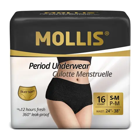 MOLLIS Disposable Period Underwear for Women, Postpartum Panties, Maternity Knickers Heavy Flow Leak Proof, Black (Small/Medium, Count, 16)
