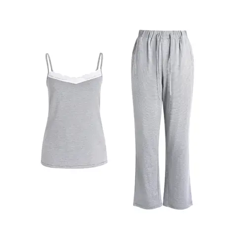 white wide lace v-neck dark grey knitted camisole and knitted pants set  S