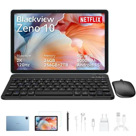 Blackview Zeno 10 Tablet, 11-inch FHD 1920x1200, 5G, Android 15, Gemini AI， Unisoc T8200, 24GB(8+16) RAM + 256GB ROM, 8800mAh,  PC Mode,  Widevine L1,  Face ID,  16MP+13MP, GPS, OTG, Gaming Tablet with Keyboard and Stylus