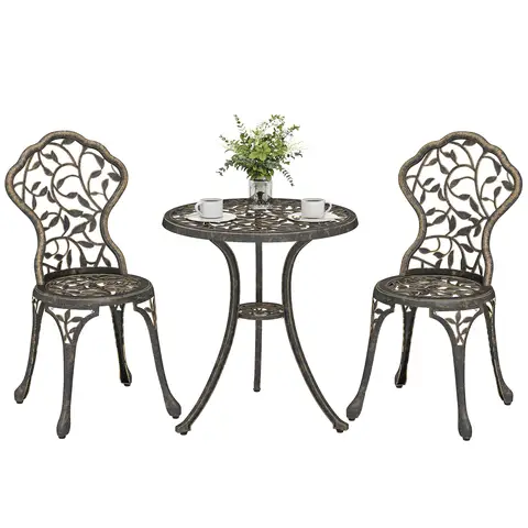 Outsunny 3 Pcs Aluminium Bistro Set Garden Furniture Dining Table Chairs Outdoor Seat Patio Seater Brown