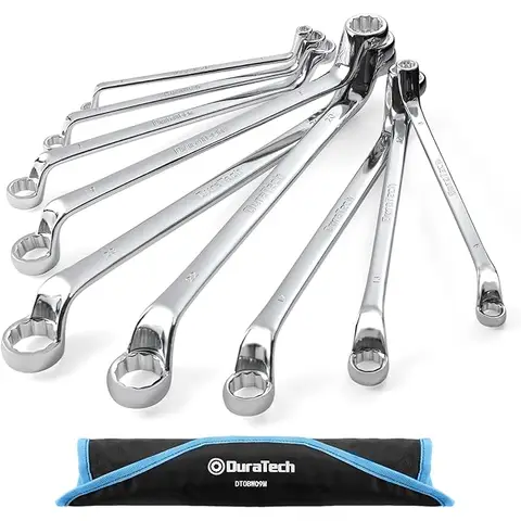 DURATECH Jeu de 9 clés polygonales doubles coudées 6-23 mm, Jeu de clés à œil métriques avec pochette enroulable, Déport 75 degrés, 12 pans, Acier chrome-vanadium