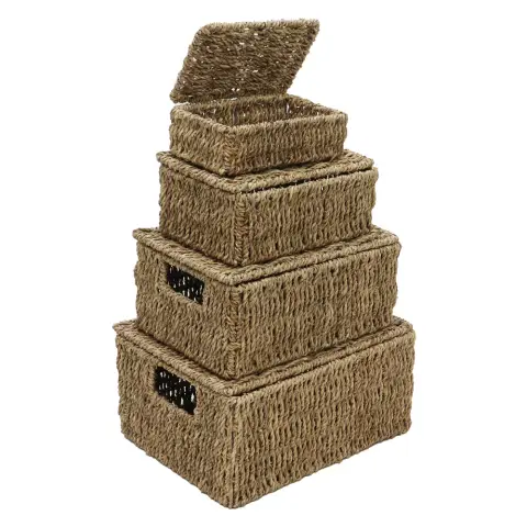 JVL Hand Woven Seagrass Rectangular Lidded Storage Baskets – Set of 4