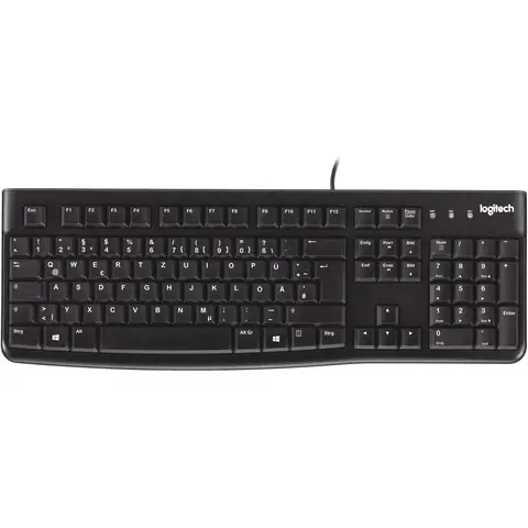 Logitech K120 kabelgebundene Tastatur für Windows, USB Plug & Play, Vollformat, spritzwassergeschützt, gebogene Leertaste, kompatibel mit PC, Laptop, deutsches QWERTZ Layout – Schwarz