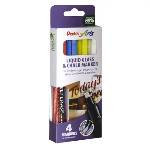 Pentel Jumbo Semi-Permanent Wet-Erase Liquid Glass & Chalkboard Marker Assorted Colours Pack of 4