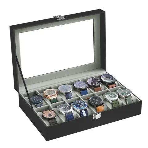 SONGMICS Watch Box, 30.2x20.2x8cm, Black Coating + Grey Lining