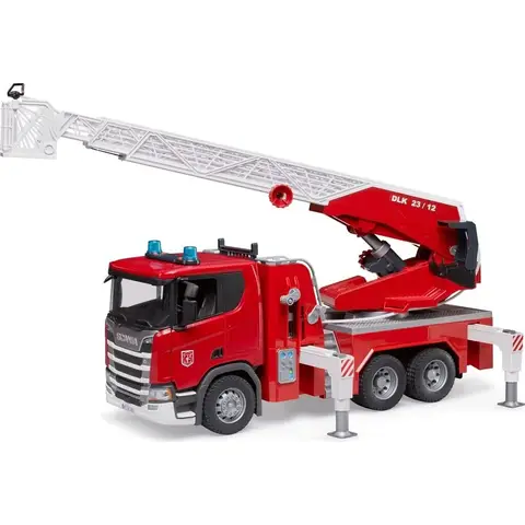 bruder 03591 - Scania Super 560R Feuerwehrfahrzeug mit Drehleiter, Wasserpumpe, Light & Sound Modul - 1:16 Fahrzeuge, Feuerwehr, Einsatzfahrzeug, Leiterwagen, Spielzeug ab 4 Jahre