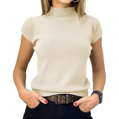 Women's Short Sleeve Sweater Mock Neck Summer Casual Basic Knit Slim Fitted Pullover Tops Shirt (Apricot, M)